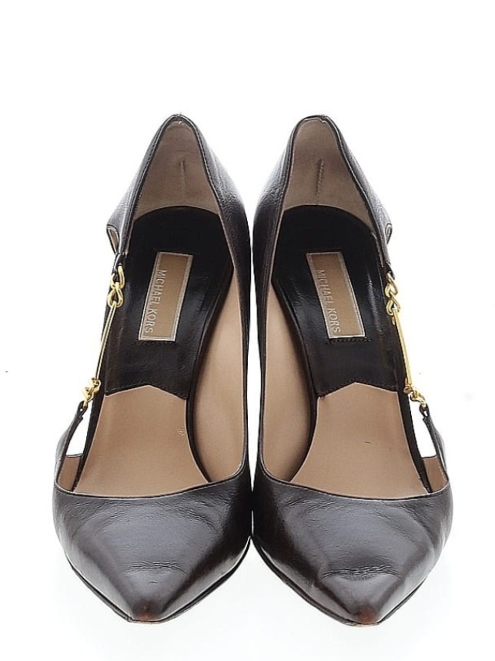 Michael Kors Black/Brown Pumps with Chain Link MK Logo Along the side.